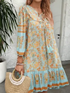 Hot Women's Mini Dress Petite Dress Casual Dress A Line Dress Boho Dress Bohemia Vintage Stylish Vacation Daily Loose Fit Floral 3/4 Length Sleeve V Neck Pink Blue Summer Spring Fall Women Spring Dresses