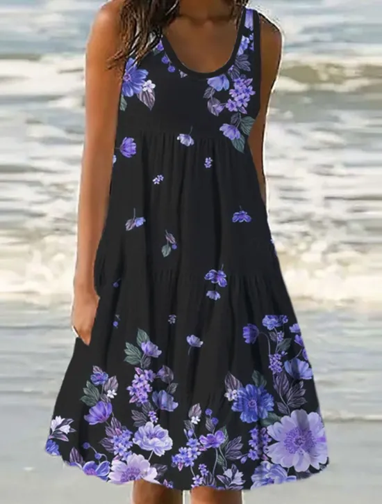 Best Women's Mini Dress Petite Dress Sundress Shift Dress Ruffle Dress Vacation Casual Outdoor Vacation Daily Regular Fit Floral Sleeveless U Neck Blue Purple Fuchsia Green Summer Spring Women Spring Dresses|Sundresses