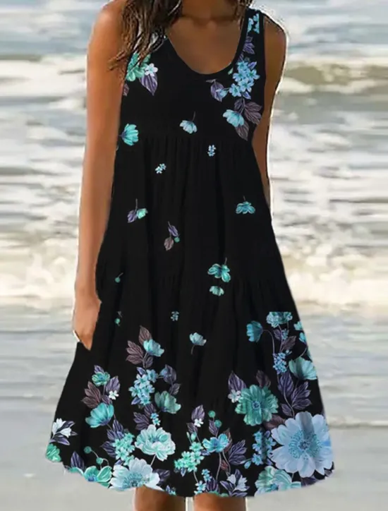 Best Women's Mini Dress Petite Dress Sundress Shift Dress Ruffle Dress Vacation Casual Outdoor Vacation Daily Regular Fit Floral Sleeveless U Neck Blue Purple Fuchsia Green Summer Spring Women Spring Dresses|Sundresses