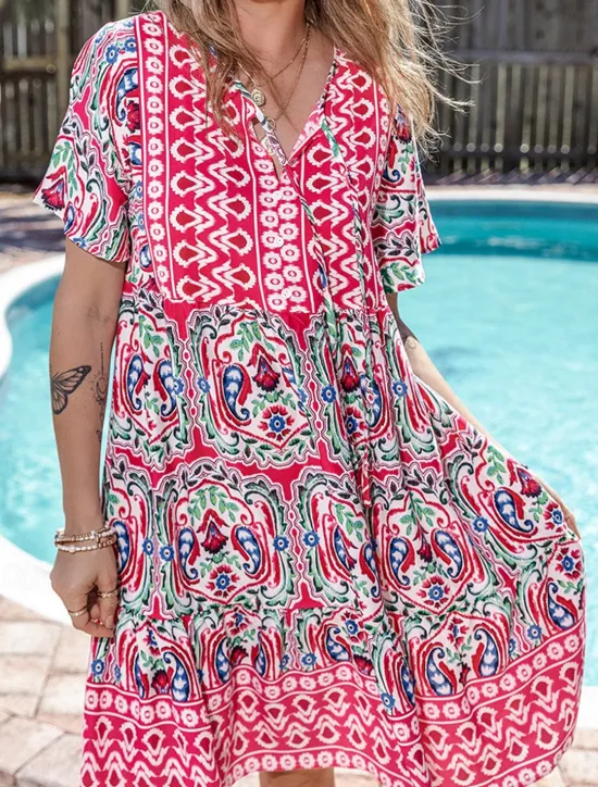 Discount Women's Mini Dress Petite Dress Casual Dress Boho Chic Dresses Summer Dress Boho Dress Casual Boho Vacation Daily Beach Loose Fit Floral Short Sleeve V Neck Red Blue Fuchsia Summer Women Floral Dresses
