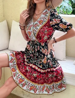 Hot Women's Mini Dress Petite Dress Casual Dress A Line Dress Summer Dress Boho Dress Stylish Ethnic Casual Vacation Daily Date Regular Fit Floral Short Sleeve V Neck Black Burgundy Green Summer Women Spring Dresses
