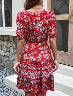 Hot Women's Mini Dress Petite Dress Casual Dress A Line Dress Summer Dress Boho Dress Stylish Ethnic Casual Vacation Daily Date Regular Fit Floral Short Sleeve V Neck Black Burgundy Green Summer Women Spring Dresses