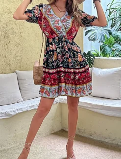 Hot Women's Mini Dress Petite Dress Casual Dress A Line Dress Summer Dress Boho Dress Stylish Ethnic Casual Vacation Daily Date Regular Fit Floral Short Sleeve V Neck Black Burgundy Green Summer Women Spring Dresses