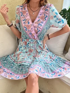 Hot Women's Mini Dress Petite Dress Casual Dress A Line Dress Summer Dress Boho Dress Stylish Ethnic Casual Vacation Daily Date Regular Fit Floral Short Sleeve V Neck Black Burgundy Green Summer Women Spring Dresses