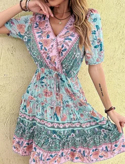 Hot Women's Mini Dress Petite Dress Casual Dress A Line Dress Summer Dress Boho Dress Stylish Ethnic Casual Vacation Daily Date Regular Fit Floral Short Sleeve V Neck Black Burgundy Green Summer Women Spring Dresses