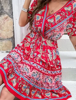 Hot Women's Mini Dress Petite Dress Casual Dress A Line Dress Summer Dress Boho Dress Stylish Ethnic Casual Vacation Daily Date Regular Fit Floral Short Sleeve V Neck Black Burgundy Green Summer Women Spring Dresses