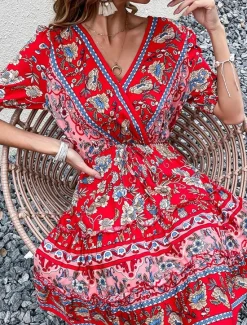 Hot Women's Mini Dress Petite Dress Casual Dress A Line Dress Summer Dress Boho Dress Stylish Ethnic Casual Vacation Daily Date Regular Fit Floral Short Sleeve V Neck Black Burgundy Green Summer Women Spring Dresses