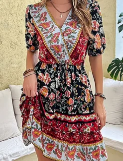 Hot Women's Mini Dress Petite Dress Casual Dress A Line Dress Summer Dress Boho Dress Stylish Ethnic Casual Vacation Daily Date Regular Fit Floral Short Sleeve V Neck Black Burgundy Green Summer Women Spring Dresses