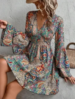 Outlet Women's Mini Dress Petite Dress Casual Dress Boho Dress Elegant Flared Sleeve Vacation Daily Date Loose Fit Graphic Long Sleeve V Neck Spring Fall Women Floral Dresses