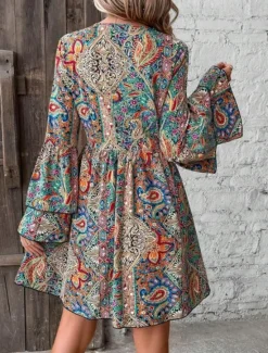 Outlet Women's Mini Dress Petite Dress Casual Dress Boho Dress Elegant Flared Sleeve Vacation Daily Date Loose Fit Graphic Long Sleeve V Neck Spring Fall Women Floral Dresses