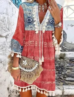 Women's Mini Dress Petite Dress Casual Dress Long Sleeve Boho Dress Summer Dress Boho Dress Bohemia Ethnic Vacation Holiday Loose Fit Floral Geometric Color Block Split Neck White Red Navy Blue Women Spring Dresses|Floral Dresses