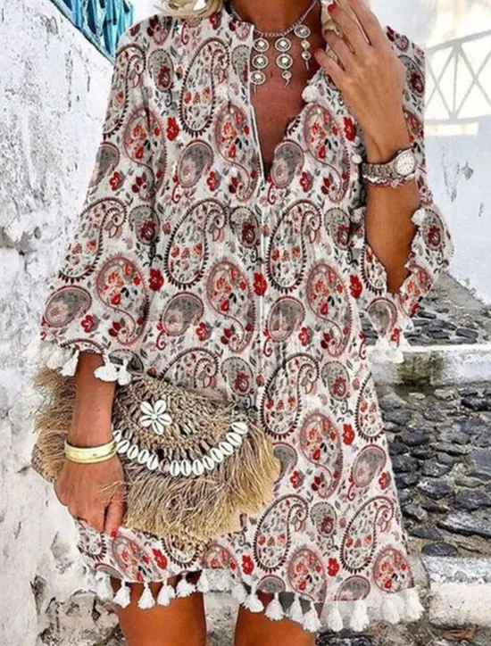 Women's Mini Dress Petite Dress Casual Dress Long Sleeve Boho Dress Summer Dress Boho Dress Bohemia Ethnic Vacation Holiday Loose Fit Floral Geometric Color Block Split Neck White Red Navy Blue Women Spring Dresses|Floral Dresses