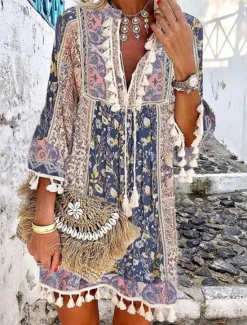 Women's Mini Dress Petite Dress Casual Dress Long Sleeve Boho Dress Summer Dress Boho Dress Bohemia Ethnic Vacation Holiday Loose Fit Floral Geometric Color Block Split Neck White Red Navy Blue Women Spring Dresses|Floral Dresses