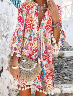Women's Mini Dress Petite Dress Casual Dress Long Sleeve Boho Dress Summer Dress Boho Dress Bohemia Ethnic Vacation Holiday Loose Fit Floral Geometric Color Block Split Neck White Red Navy Blue Women Spring Dresses|Floral Dresses