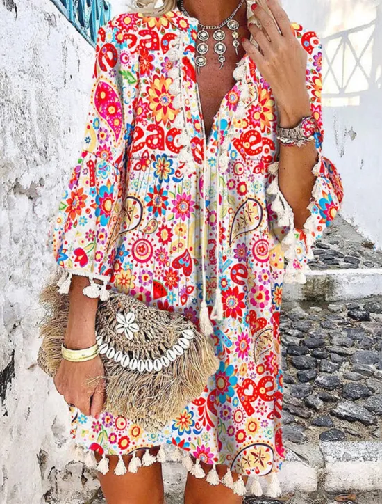 Women's Mini Dress Petite Dress Casual Dress Long Sleeve Boho Dress Summer Dress Boho Dress Bohemia Ethnic Vacation Holiday Loose Fit Floral Geometric Color Block Split Neck White Red Navy Blue Women Spring Dresses|Floral Dresses
