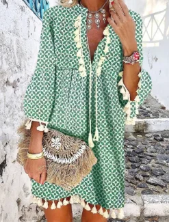 Women's Mini Dress Petite Dress Casual Dress Long Sleeve Boho Dress Summer Dress Boho Dress Bohemia Ethnic Vacation Holiday Loose Fit Floral Geometric Color Block Split Neck White Red Navy Blue Women Spring Dresses|Floral Dresses