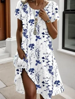 Clearance Women's Mini Dress Petite Dress T Shirt Dress Tee Dress A Line Dress Summer Dress Stylish Casual Vacation Daily Holiday Loose Fit Ditsy Floral Short Sleeve Crew Neck White Red Blue Green Women T Shirt Dresses