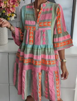 New Women's Mini Dress Petite Dress Casual Dress Swing Dress Boho Dress Casual Daily Regular Fit Geometric 3/4 Length Sleeve V Neck Summer Spring Fall Women Floral Dresses