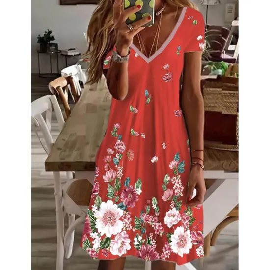 Outlet Women's Mini Dress Petite Dress Petite Dress T Shirt Dress Tee Dress Sundress Summer Dress Active Fashion Streetwear Outdoor Vacation Birthday Regular Fit Floral Short Sleeve V Neck Black Women Spring Dresses|T Shirt Dresses