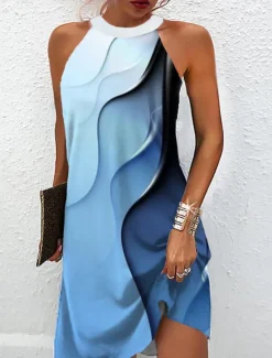 New Women's Mini Dress Petite Dress Petite Dress Sundress Summer Dress Halter Neck Dress Active Fashion Streetwear Outdoor Vacation Daily Regular Fit Ombre Color Block Marble Sleeveless Halter Women Sundresses