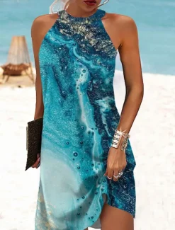 New Women's Mini Dress Petite Dress Petite Dress Sundress Summer Dress Halter Neck Dress Active Fashion Streetwear Outdoor Vacation Daily Regular Fit Ombre Color Block Marble Sleeveless Halter Women Sundresses