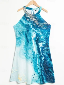 New Women's Mini Dress Petite Dress Petite Dress Sundress Summer Dress Halter Neck Dress Active Fashion Streetwear Outdoor Vacation Daily Regular Fit Ombre Color Block Marble Sleeveless Halter Women Sundresses
