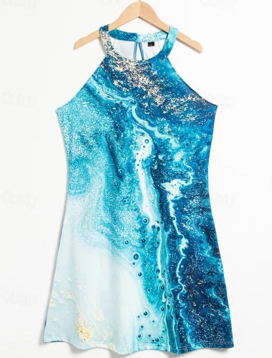 New Women's Mini Dress Petite Dress Petite Dress Sundress Summer Dress Halter Neck Dress Active Fashion Streetwear Outdoor Vacation Daily Regular Fit Ombre Color Block Marble Sleeveless Halter Women Sundresses