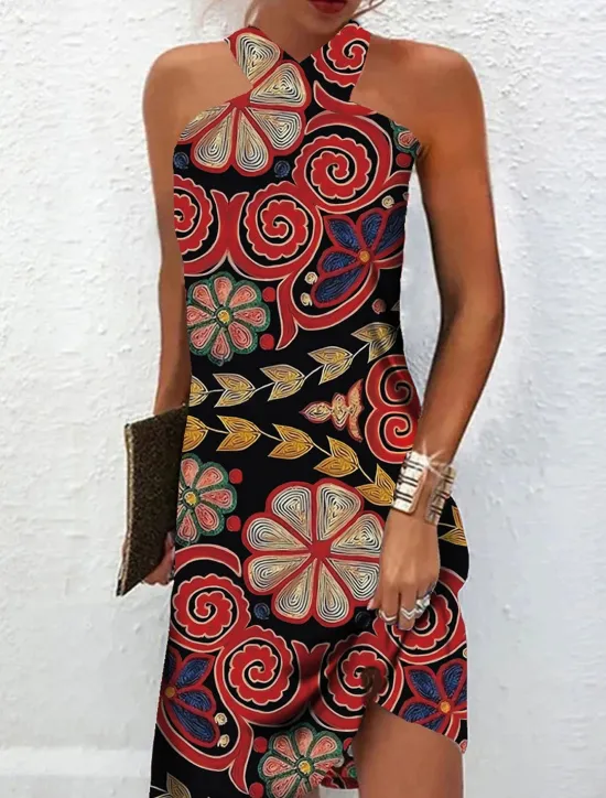 Discount Women's Mini Dress Petite Dress Shift Dress Summer Dress Print Dress Bohemia Vintage Fashion Vacation Casual Daily Loose Fit Graphic Geometric Sleeveless Halter Neck Wine Blue Summer Spring Women Sundresses