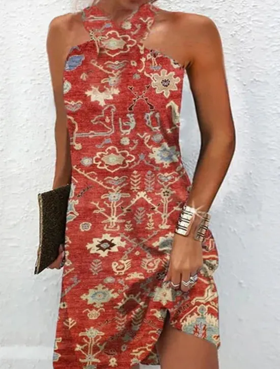 Discount Women's Mini Dress Petite Dress Shift Dress Summer Dress Print Dress Bohemia Vintage Fashion Vacation Casual Daily Loose Fit Graphic Geometric Sleeveless Halter Neck Wine Blue Summer Spring Women Sundresses