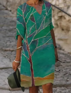 Outlet Women's Mini Dress Petite Dress T Shirt Dress Tee Dress Shift Dress Summer Dress Bohemia Modern Boho Vacation Work Casual Regular Fit Floral Tree Half Sleeve V Neck Blue Green Gray Summer Women T Shirt Dresses