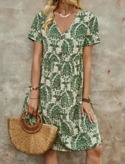 New Women's Mini Dress Petite Dress Casual Dress Boho Chic Dresses T Shirt Dress Tee Dress Boho Dress Bohemia Vintage Casual Vacation Daily Loose Fit Floral Short Sleeve V Neck Blue Green Summer Spring Women Floral Dresses