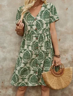 New Women's Mini Dress Petite Dress Casual Dress Boho Chic Dresses T Shirt Dress Tee Dress Boho Dress Bohemia Vintage Casual Vacation Daily Loose Fit Floral Short Sleeve V Neck Blue Green Summer Spring Women Floral Dresses
