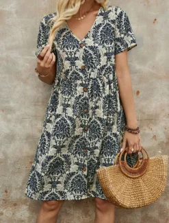 New Women's Mini Dress Petite Dress Casual Dress Boho Chic Dresses T Shirt Dress Tee Dress Boho Dress Bohemia Vintage Casual Vacation Daily Loose Fit Floral Short Sleeve V Neck Blue Green Summer Spring Women Floral Dresses