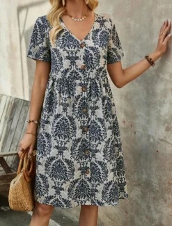 New Women's Mini Dress Petite Dress Casual Dress Boho Chic Dresses T Shirt Dress Tee Dress Boho Dress Bohemia Vintage Casual Vacation Daily Loose Fit Floral Short Sleeve V Neck Blue Green Summer Spring Women Floral Dresses