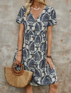 New Women's Mini Dress Petite Dress Casual Dress Boho Chic Dresses T Shirt Dress Tee Dress Boho Dress Bohemia Vintage Casual Vacation Daily Loose Fit Floral Short Sleeve V Neck Blue Green Summer Spring Women Floral Dresses