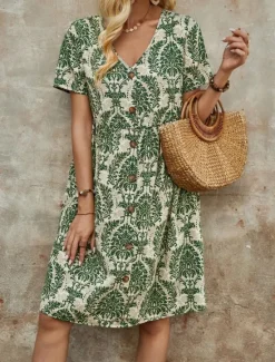 New Women's Mini Dress Petite Dress Casual Dress Boho Chic Dresses T Shirt Dress Tee Dress Boho Dress Bohemia Vintage Casual Vacation Daily Loose Fit Floral Short Sleeve V Neck Blue Green Summer Spring Women Floral Dresses