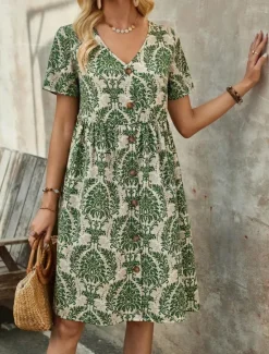 New Women's Mini Dress Petite Dress Casual Dress Boho Chic Dresses T Shirt Dress Tee Dress Boho Dress Bohemia Vintage Casual Vacation Daily Loose Fit Floral Short Sleeve V Neck Blue Green Summer Spring Women Floral Dresses