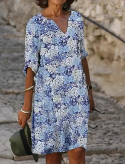 Online Women's Mini Dress Petite Dress T Shirt Dress Tee Dress Shift Dress Summer Dress Active Vintage Fashion Outdoor Vacation Work Regular Fit Floral Half Sleeve V Neck Pink Navy Blue Blue Gray Women T Shirt Dresses