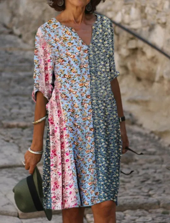 Online Women's Mini Dress Petite Dress T Shirt Dress Tee Dress Shift Dress Summer Dress Active Vintage Fashion Outdoor Vacation Work Regular Fit Floral Half Sleeve V Neck Pink Navy Blue Blue Gray Women T Shirt Dresses