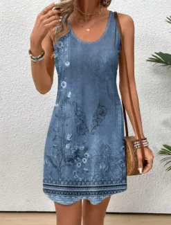 Clearance Women's Mini Dress Petite Dress Sundress Tank Dress Summer Dress Stylish Casual Vacation Daily Holiday Loose Fit Floral Sleeveless Crew Neck Blue Purple Green Summer Women T Shirt Dresses