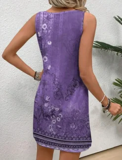 Clearance Women's Mini Dress Petite Dress Sundress Tank Dress Summer Dress Stylish Casual Vacation Daily Holiday Loose Fit Floral Sleeveless Crew Neck Blue Purple Green Summer Women T Shirt Dresses