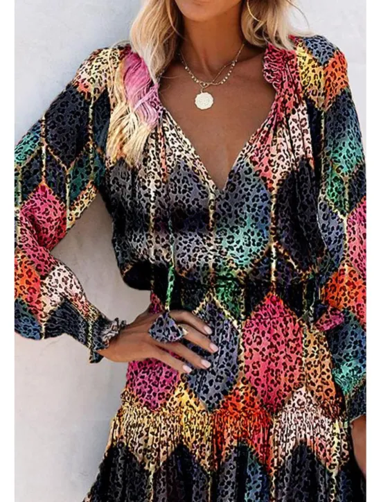 Outlet Women's Mini Dress Petite Dress Print Dress Fashion Daily Holiday Going out Regular Fit Flower Long Sleeve V Neck Black Red Khaki Rose Red Summer Women Floral Dresses