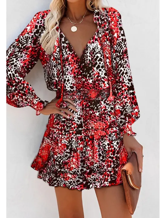 Outlet Women's Mini Dress Petite Dress Print Dress Fashion Daily Holiday Going out Regular Fit Flower Long Sleeve V Neck Black Red Khaki Rose Red Summer Women Floral Dresses