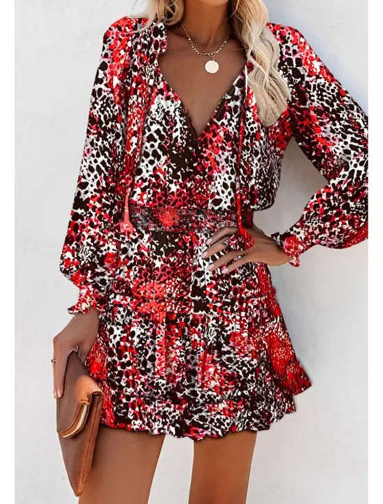 Outlet Women's Mini Dress Petite Dress Print Dress Fashion Daily Holiday Going out Regular Fit Flower Long Sleeve V Neck Black Red Khaki Rose Red Summer Women Floral Dresses