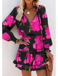 Outlet Women's Mini Dress Petite Dress Print Dress Fashion Daily Holiday Going out Regular Fit Flower Long Sleeve V Neck Black Red Khaki Rose Red Summer Women Floral Dresses