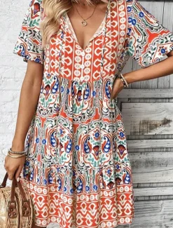 Outlet Women's Mini Dress Petite Dress Casual Dress Boho Chic Dresses Boho Dress Bohemia Cute Ethnic Vacation Daily Beach Loose Fit Floral Graphic Short Sleeve V Neck Blue Orange Summer Spring Women Spring Dresses