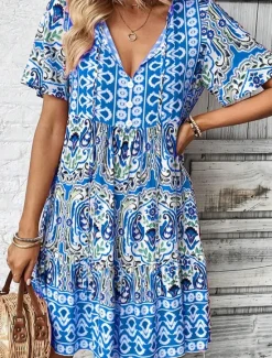 Outlet Women's Mini Dress Petite Dress Casual Dress Boho Chic Dresses Boho Dress Bohemia Cute Ethnic Vacation Daily Beach Loose Fit Floral Graphic Short Sleeve V Neck Blue Orange Summer Spring Women Spring Dresses