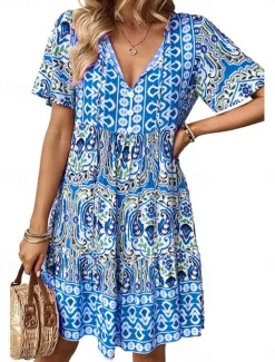 Outlet Women's Mini Dress Petite Dress Casual Dress Boho Chic Dresses Boho Dress Bohemia Cute Ethnic Vacation Daily Beach Loose Fit Floral Graphic Short Sleeve V Neck Blue Orange Summer Spring Women Spring Dresses