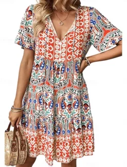 Outlet Women's Mini Dress Petite Dress Casual Dress Boho Chic Dresses Boho Dress Bohemia Cute Ethnic Vacation Daily Beach Loose Fit Floral Graphic Short Sleeve V Neck Blue Orange Summer Spring Women Spring Dresses