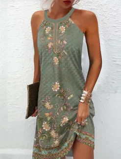 Online Women's Mini Dress Petite Dress Sundress Summer Dress Halter Neck Dress Active Fashion Streetwear Outdoor Vacation Daily Regular Fit Floral Sleeveless Halter Neck Light Green Royal Blue Women T Shirt Dresses